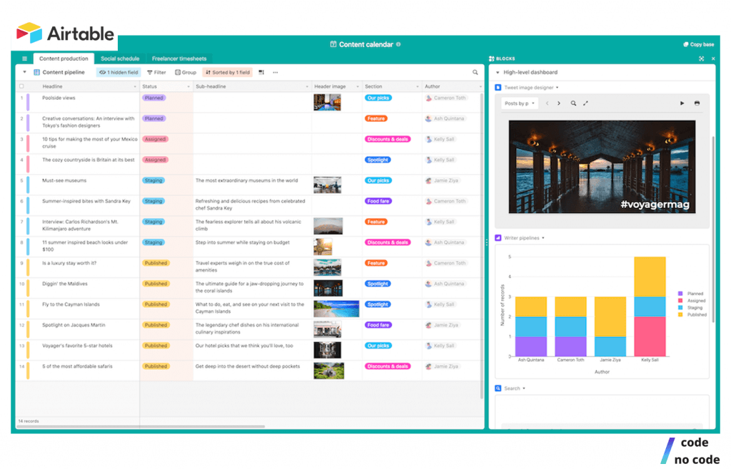 the UI of Airtable, a No Code Marketing tool