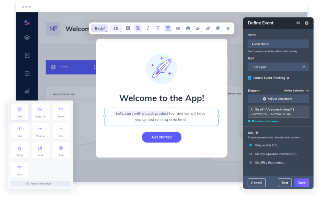 the UI of Appcues, a No Code user onboarding tool