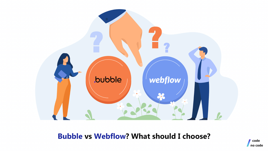 a graphic of people choosing between webflow and bubble
