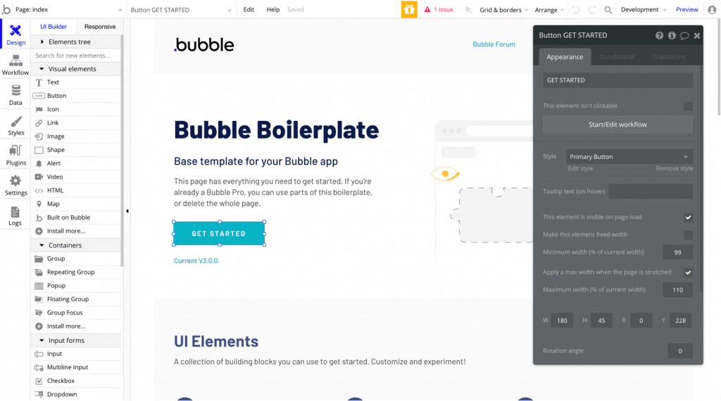the UI of Bubble, a No Code software development tool
