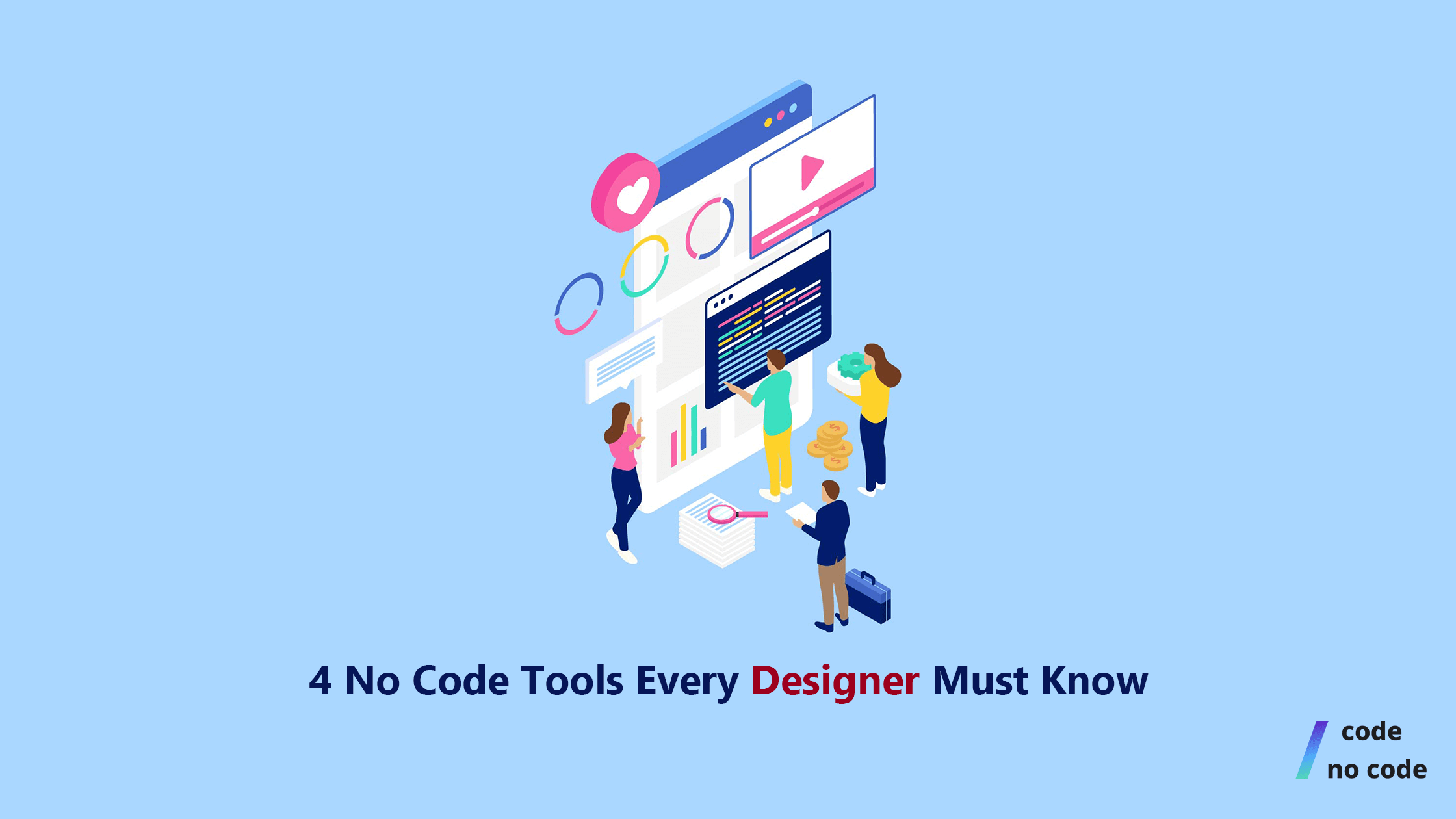 people designing software with the text '4 no code tools every designer must know'
