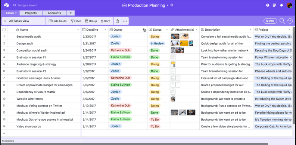 screenshot of Airtable, a no code project management tool