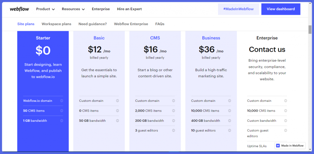 Webflow Site pricing plans