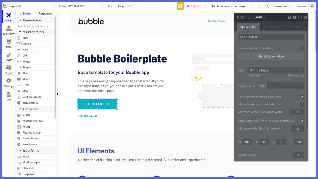 Bubble Low Code platform dashboard