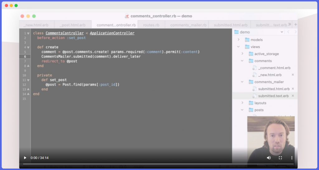 Screenshot of Ruby on Rails software development framewor tutorial. 