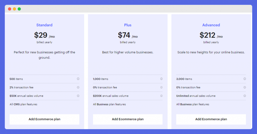 webflow ecommerce pricing plans
