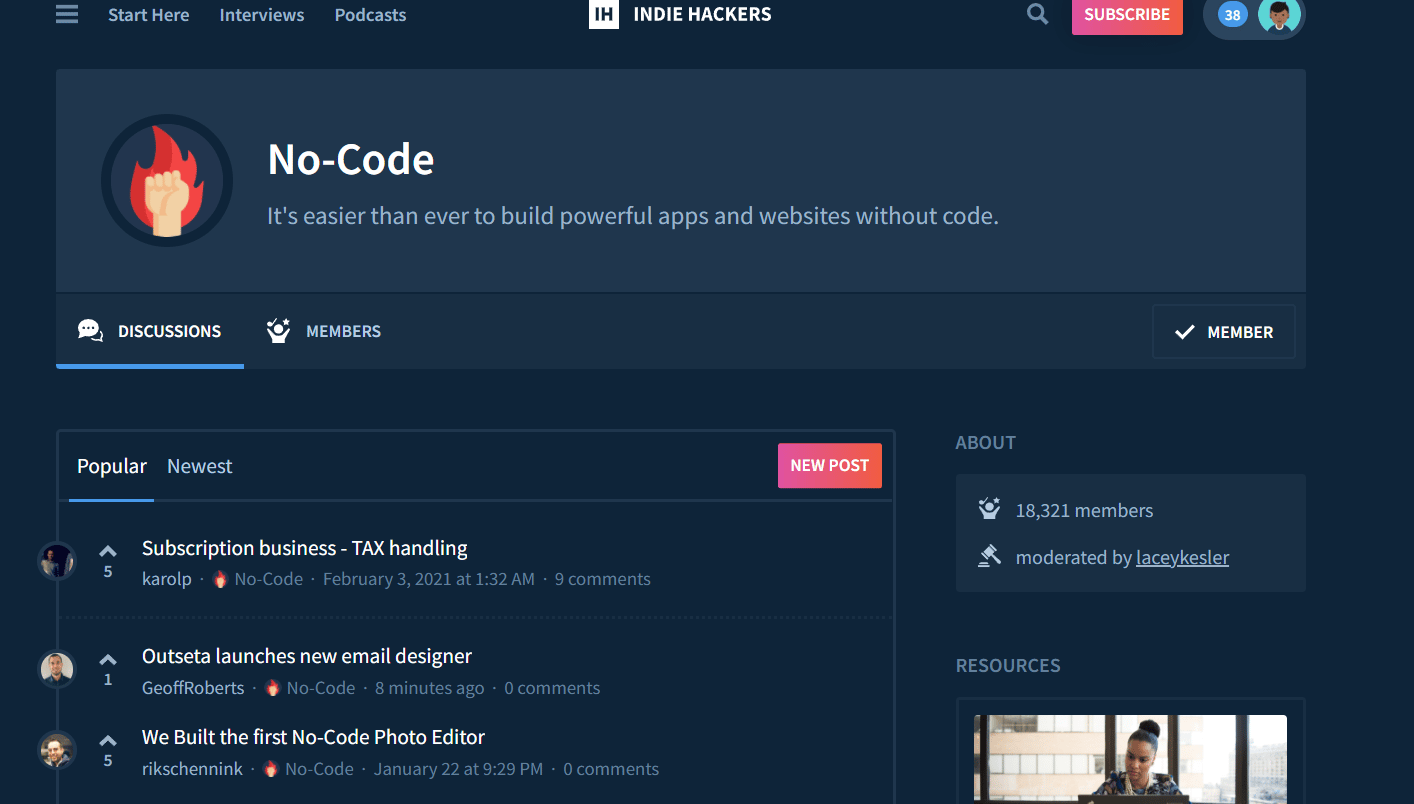 screenshot of Indiehackers, a No Code community