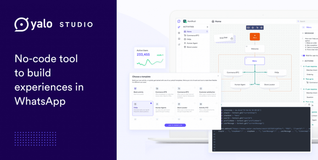 The UI of Yalo studio, a No Code conversation experience maker
