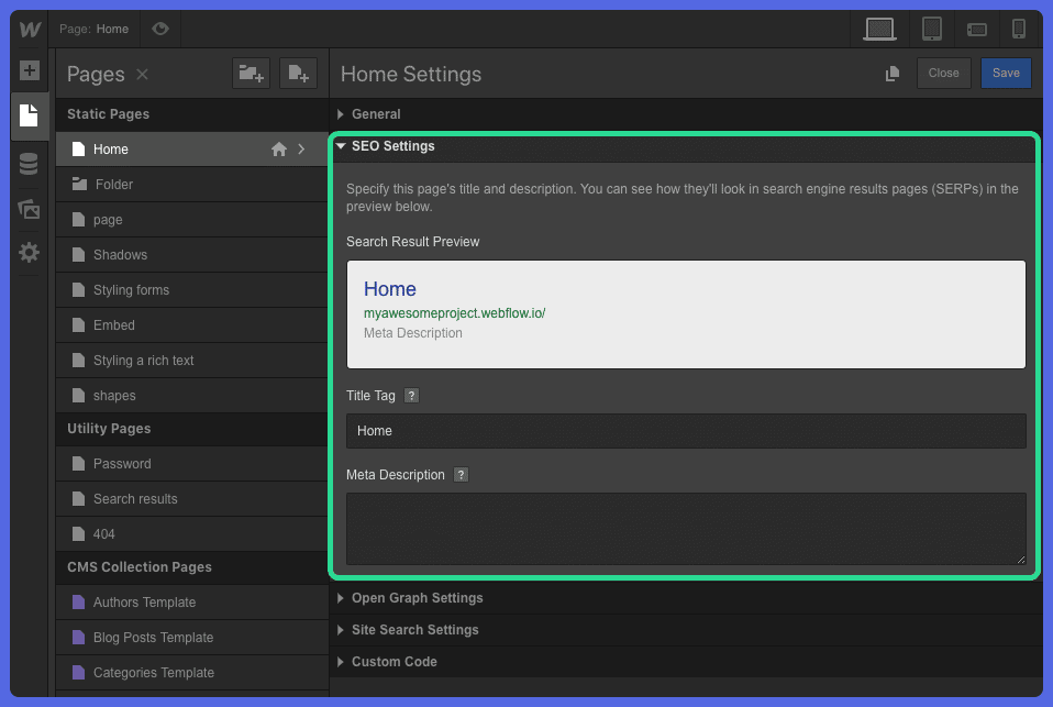 Webflow vs. Squarespace: Webflow SEO