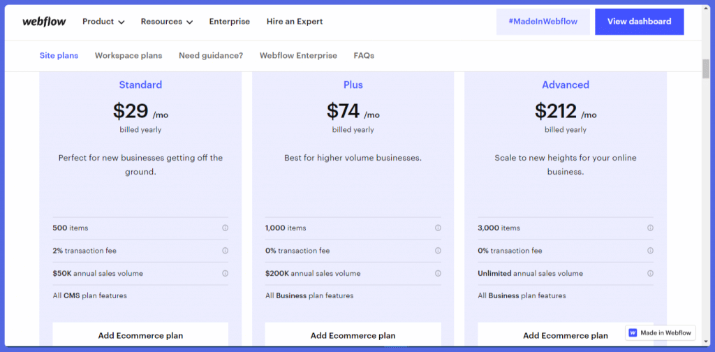 Webflow eCommerce pricing plans