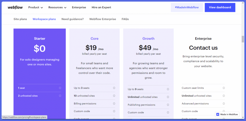 Webflow Workspace pricing plans