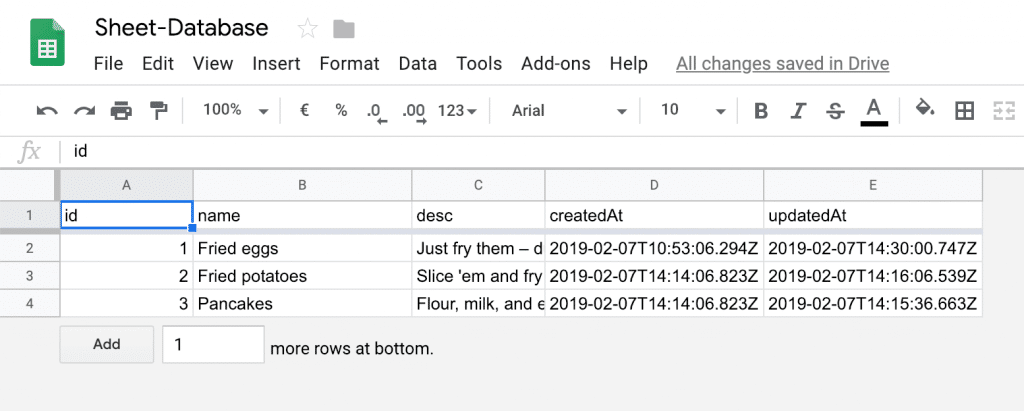 google sheets used as a no code database