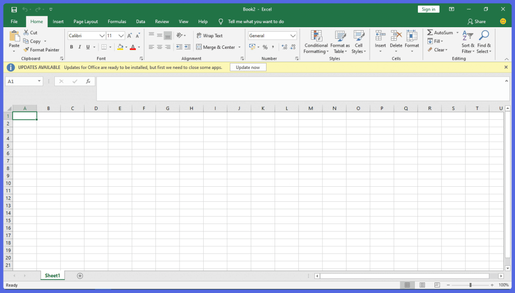 Microsoft Excel spreadsheet app blank sheet