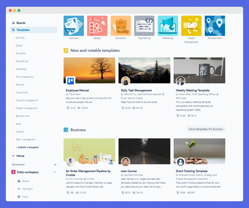 In-built Trello templates across industries