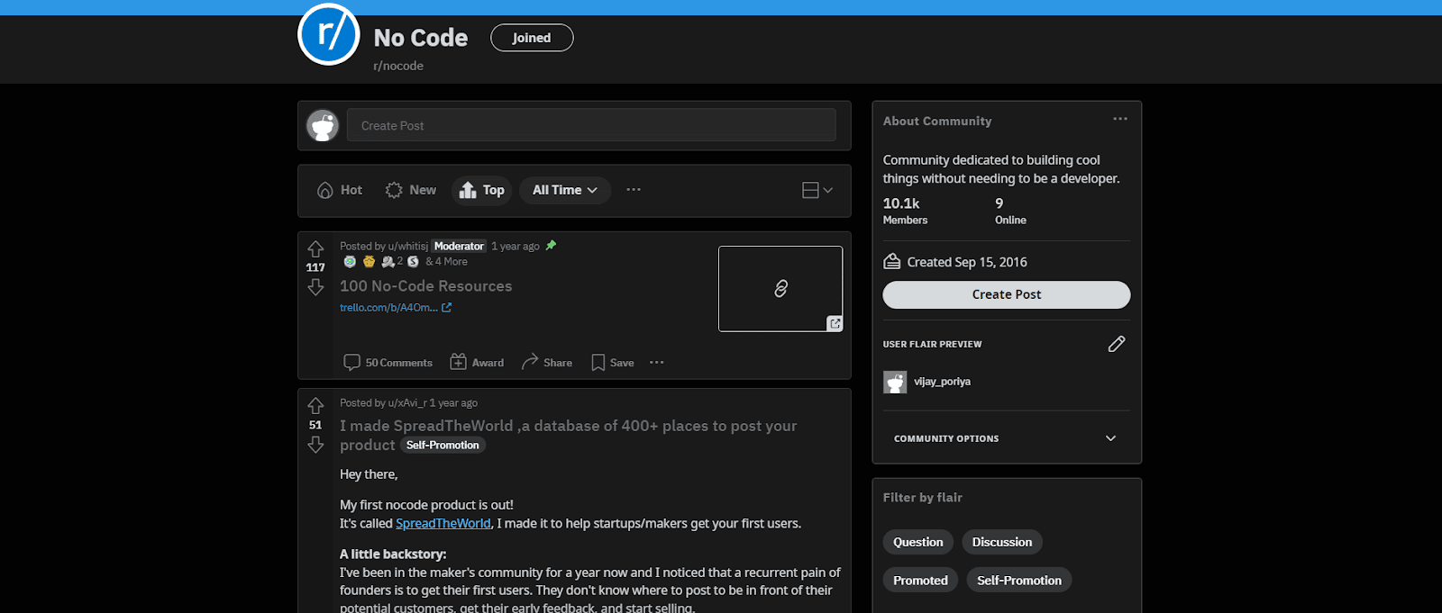 screenshot of r/nocode, a No Code community