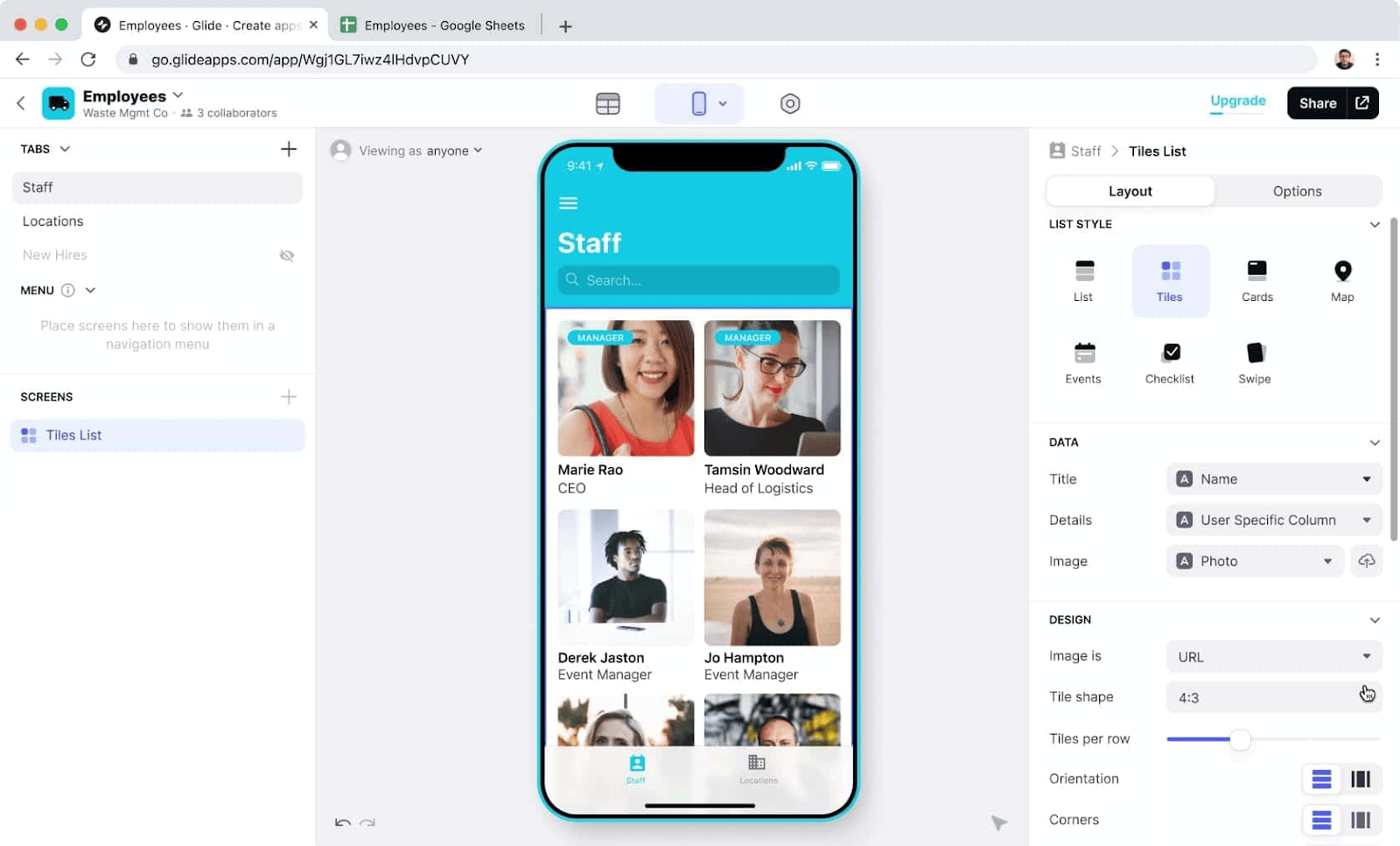 the ui of Glide, one of Bubble competitors