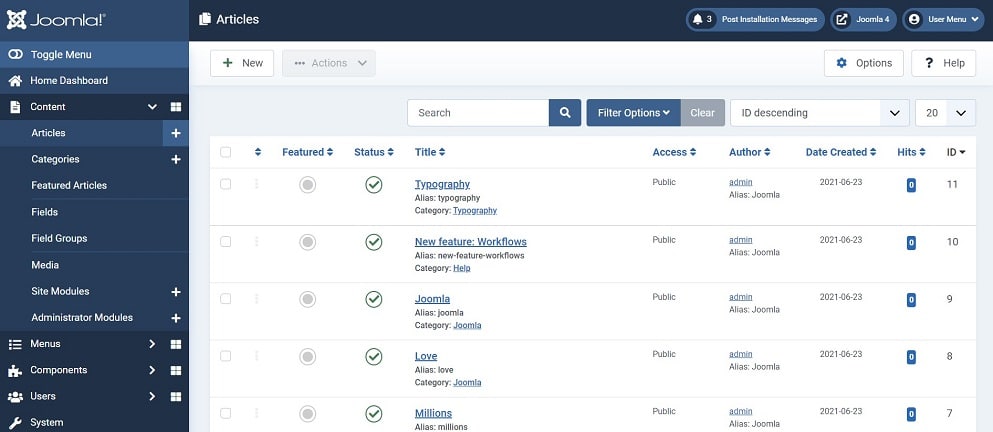 a screenshot of the joomla CMS, a wordpress competitor