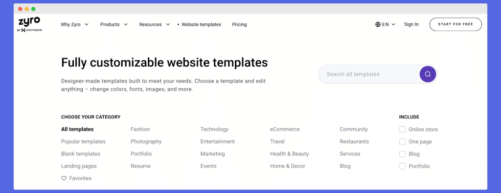 zyro website template categories