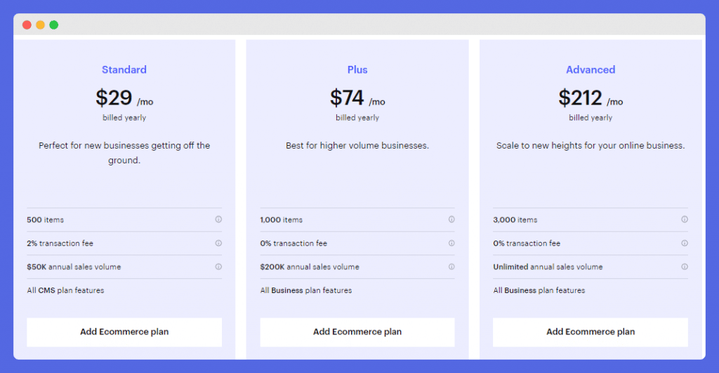 webflow ecommerce pricing plans