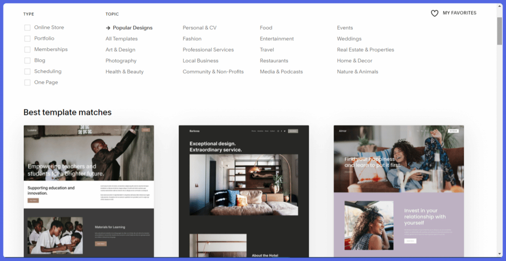 Squarespace template gallery