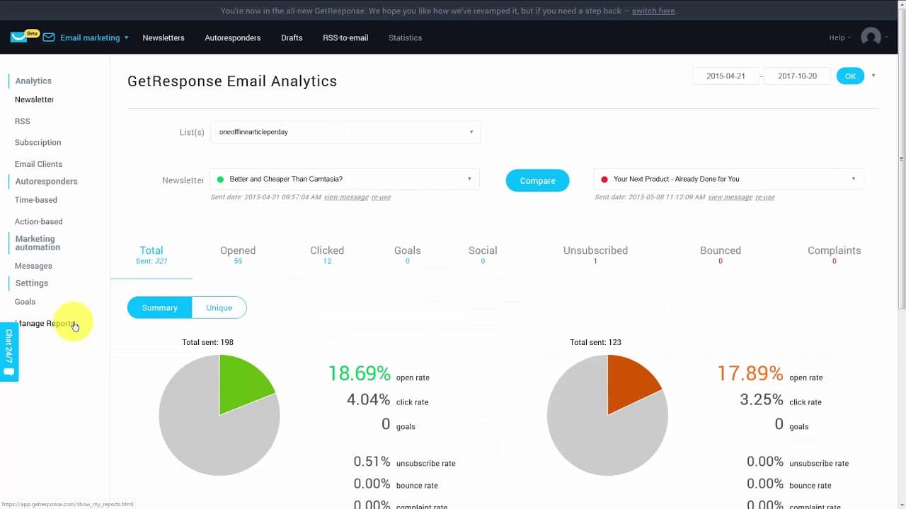 the dashboard of getresponse, one of the competitors of mailchimp
