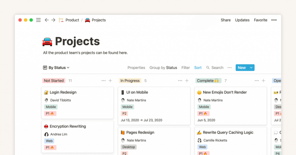 screenshot of Notion, a No Code project management tool