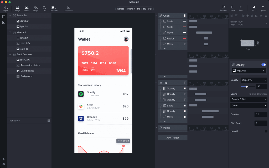 the ui of protopie, a no code design tool