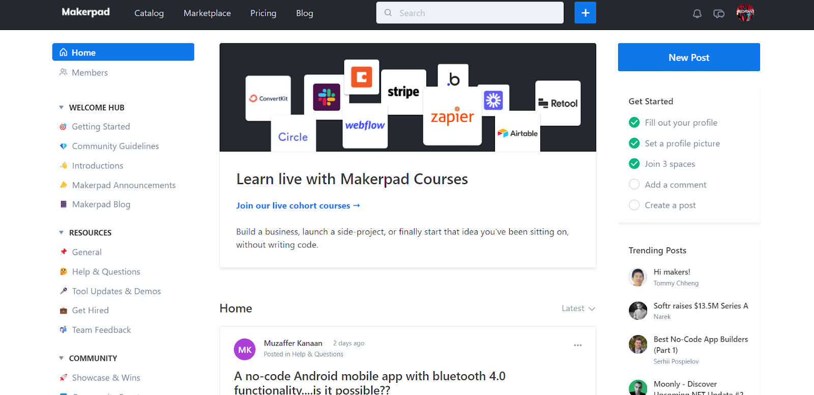 screenshot of Makerpad, a No Code community