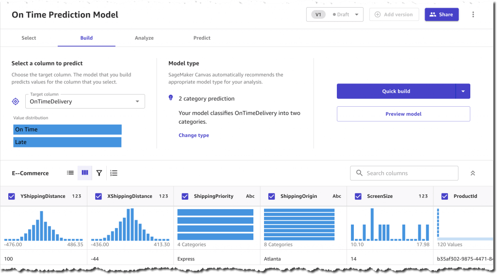 the UI of AWS SageMaker Canvas