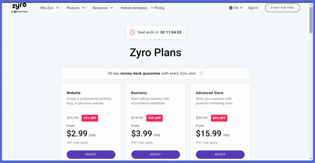 Zyro pricing plans