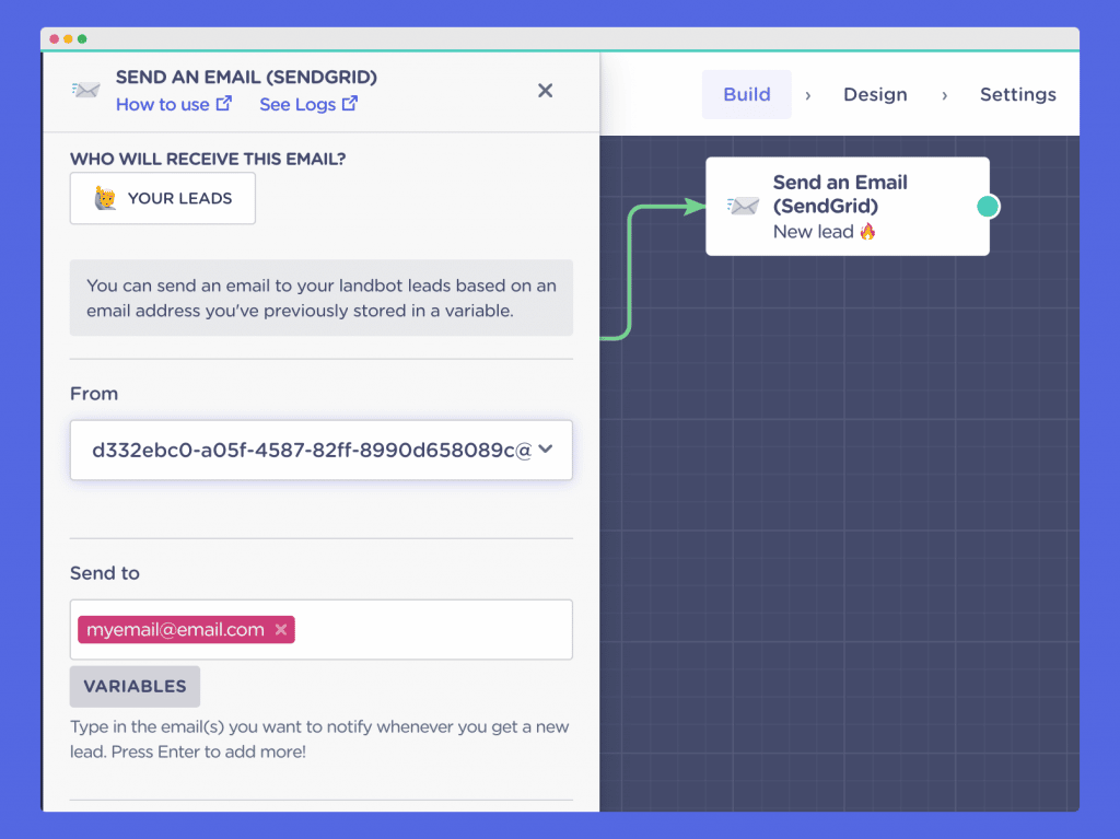 editing landbot email block