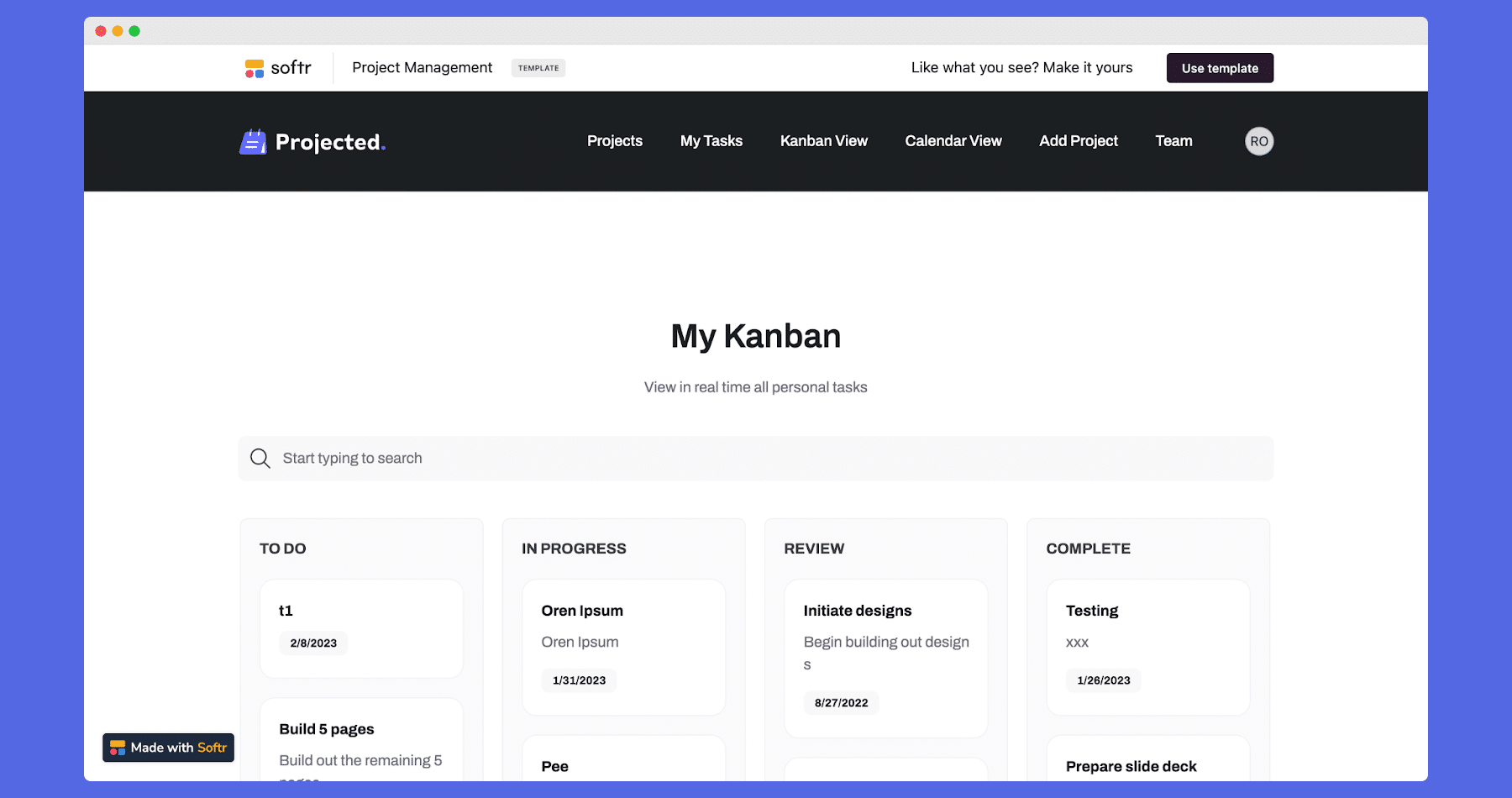 softr template kanban project management app