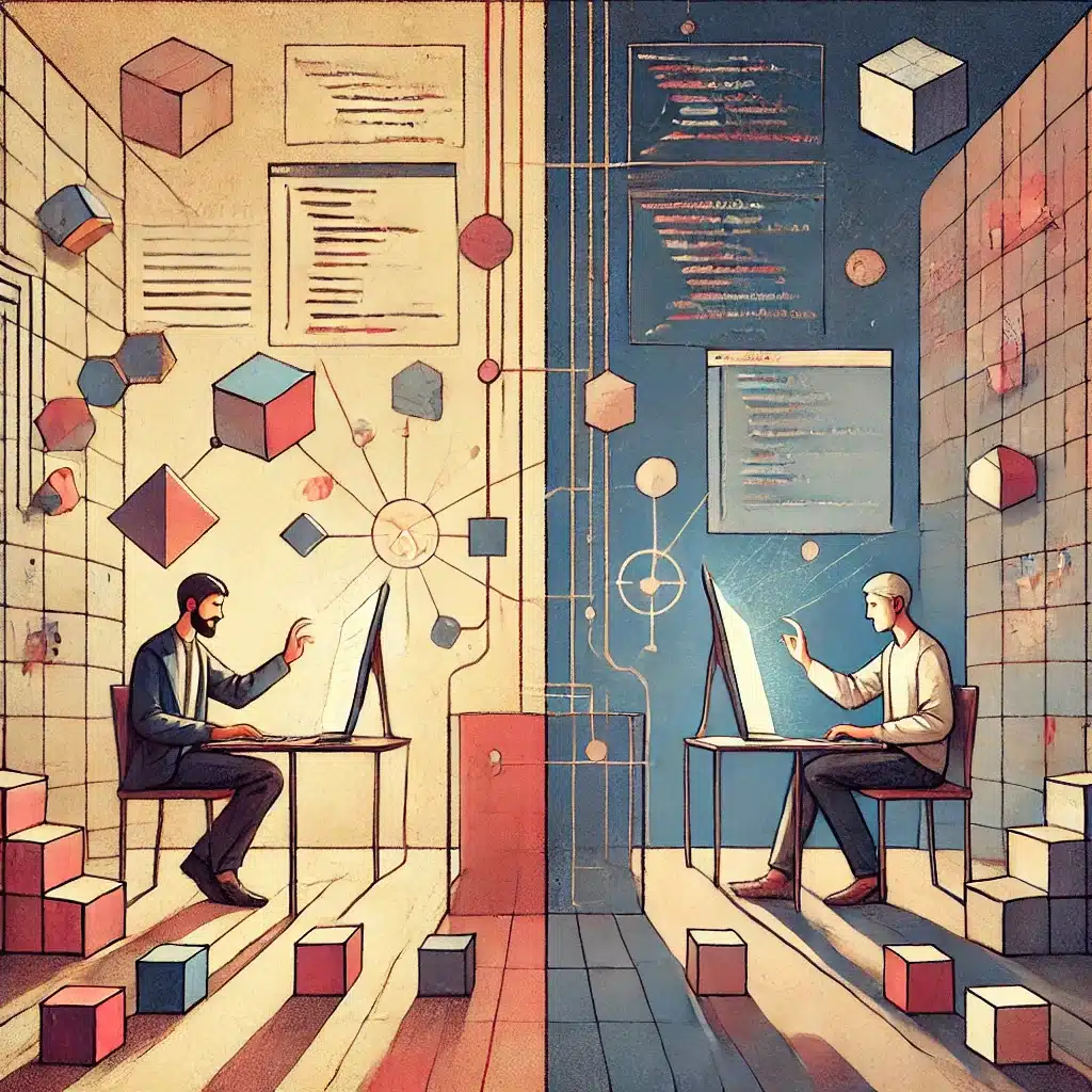 Illustration of Visual programming vs traditional programming